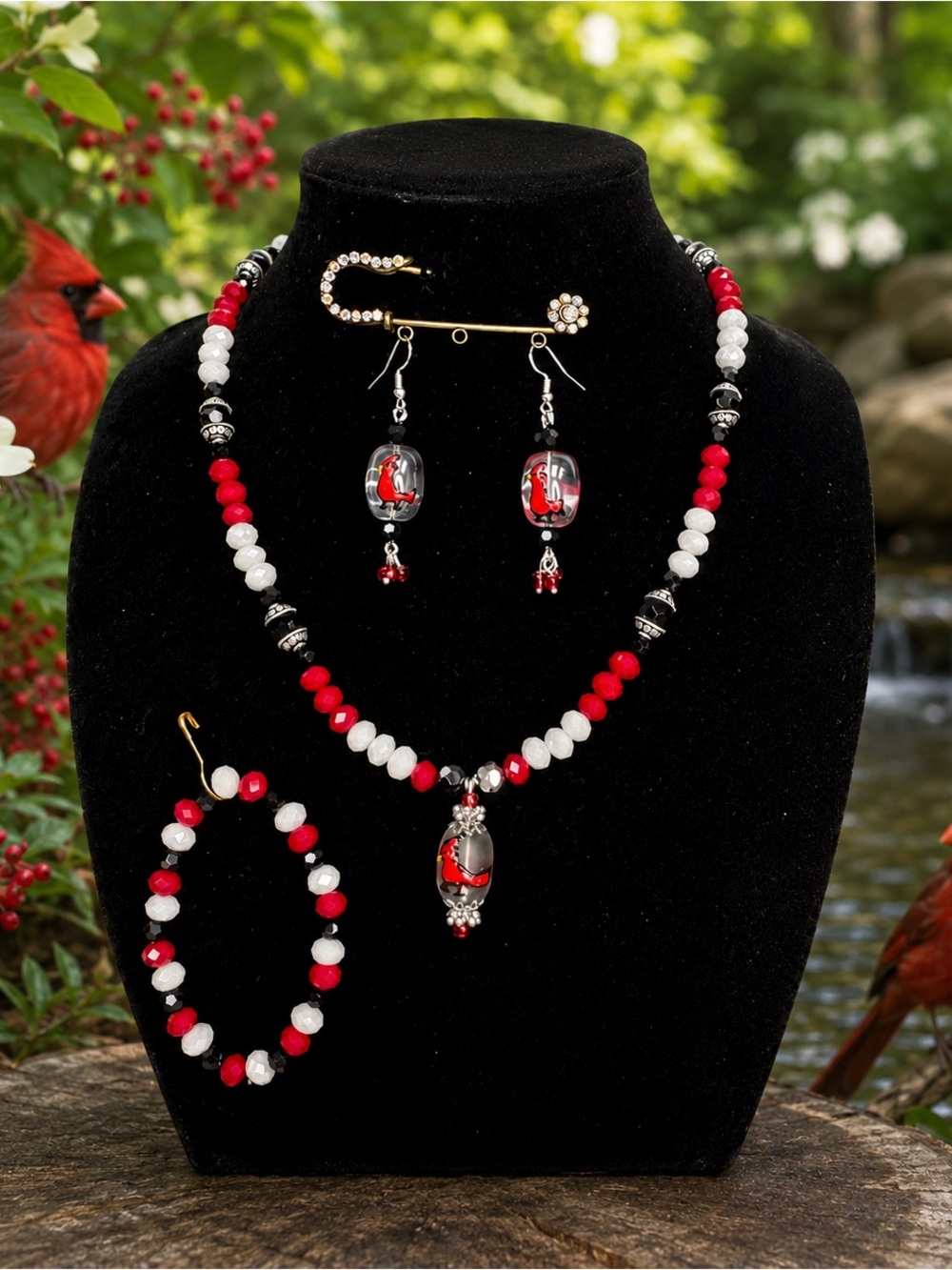 Cardinals Glass & Crystals Beaded Jewelry Set